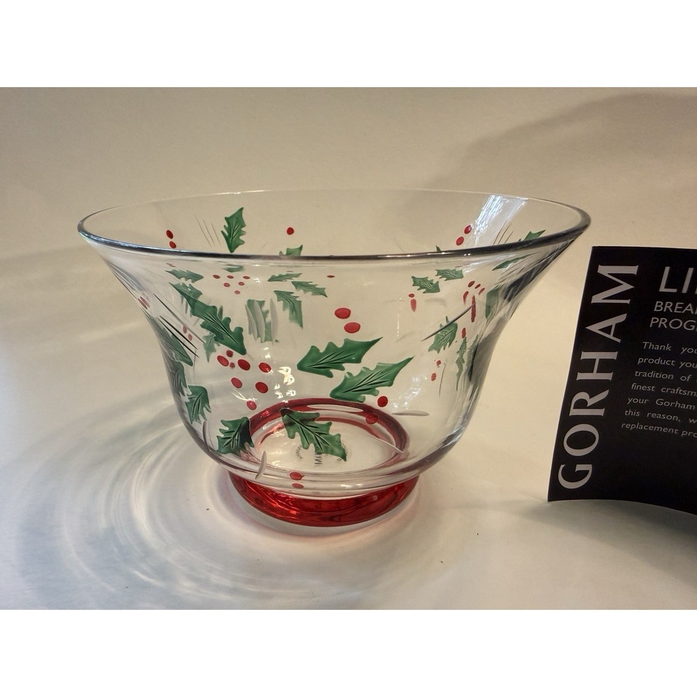 Gorham Festive Holly Candy Dish Hand Cut Painted 5" Diameter Christmas Glass